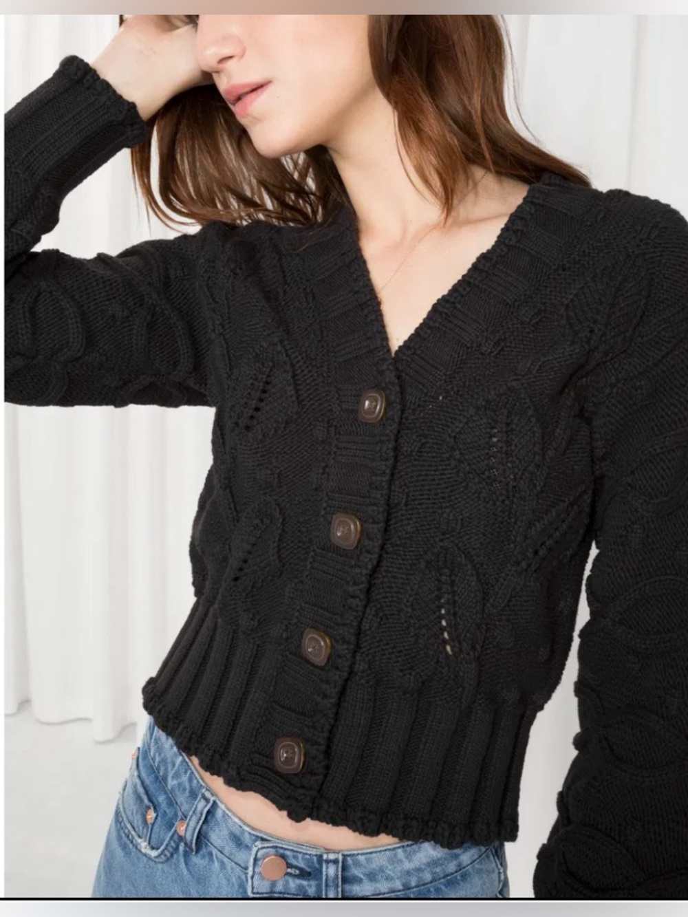 Cropped chunky knit cardigan w chain and leaf stitching from & Other Stories . S